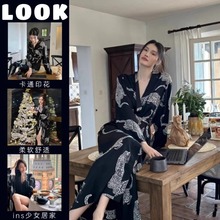 高级感豹子印花长袖睡衣女春秋新款夏季中长款睡袍浴袍可外穿睡裙