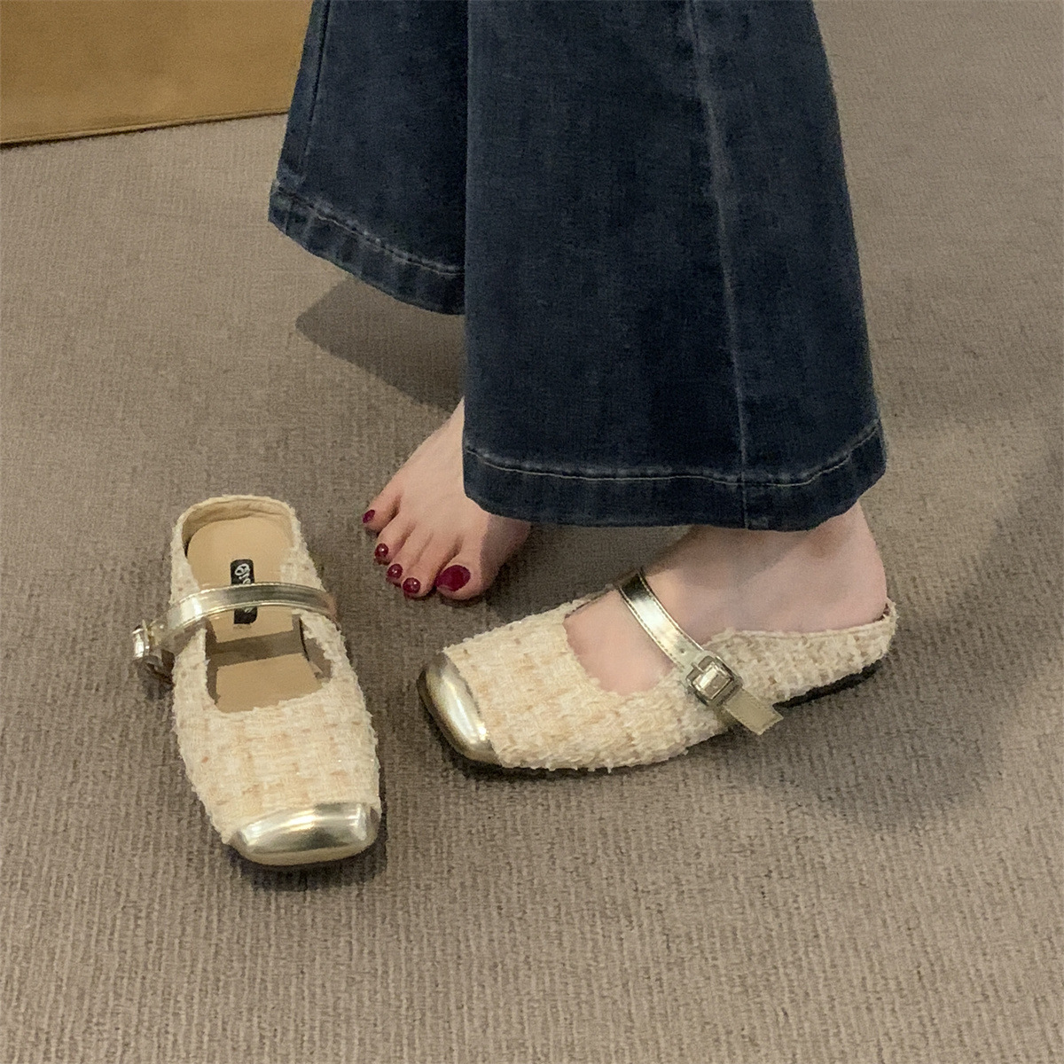 2024年夏季新款小香风包头半拖鞋外穿女鞋平底玛丽珍浅口气质单鞋