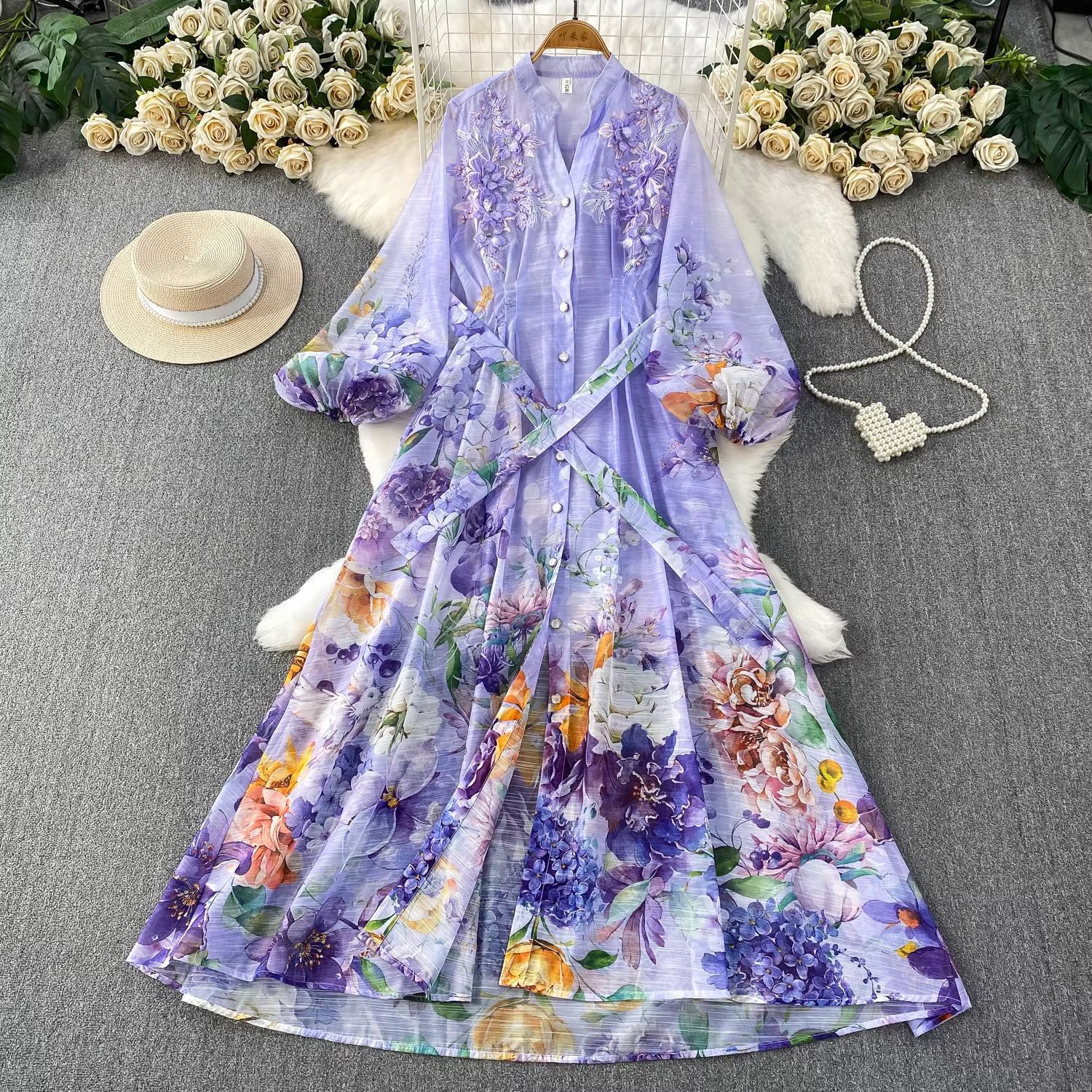 Elegant Floral Embroidered Maxi Dress With Button Front And Tie_voghion.com