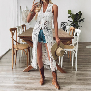 European and American Knitted Cut Out Crochet Vest Long Sleeveless Cardigan Vest Dress Beach Skirt Sun Protection Blouse Dress