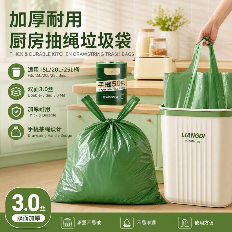 Large Thickened Household Garbage Bags with Handles, 15L, 20L, 25L, Vest-Style Kitchen Waste Bags, 60X70 Large Bucket Plastic Bags Large Thickened Household Garbage Bags with Handles, 15L, 20L, 25L, Vest-Style Kitchen Waste Bags, 60X70 Large Bucket Plastic Bags