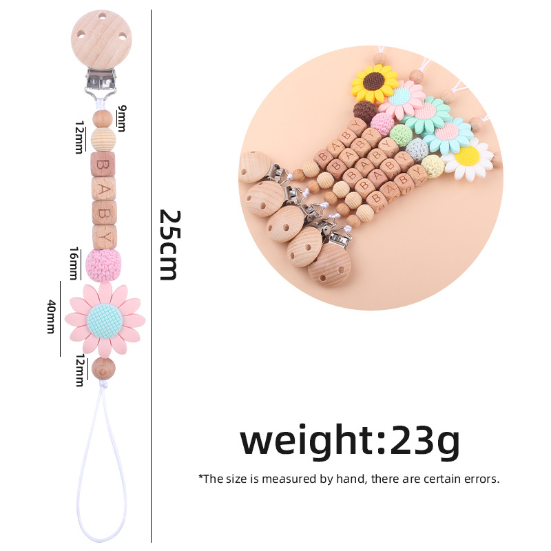 Nuevos suministros para bebés clip de chupete de haya calmante bebé girasol Cadena de chupete de silicona cadena anti-caída