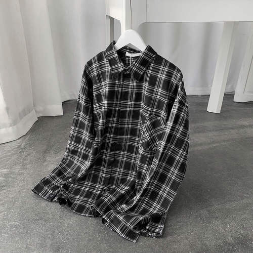 Men's Long-Sleeve Grid Shirt, Korean Style Trendy Matchable Loose Top, Spring and Summer New Arrival, Hong Kong Style Casual Jacket, Instagram Trendy