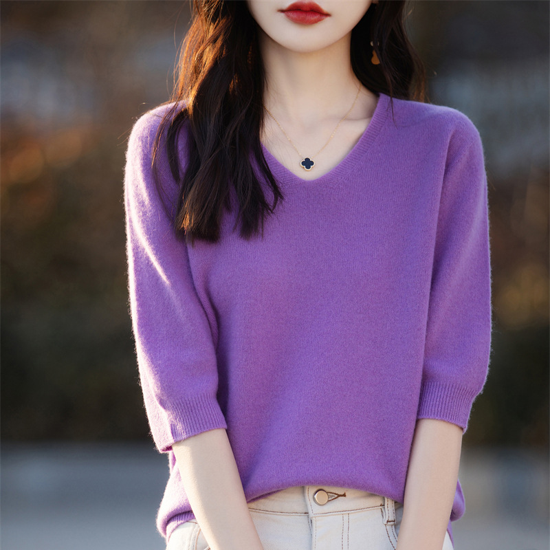 毛衣短袖24春季新款V领五分袖纯色半袖宽松套头针织打底衫