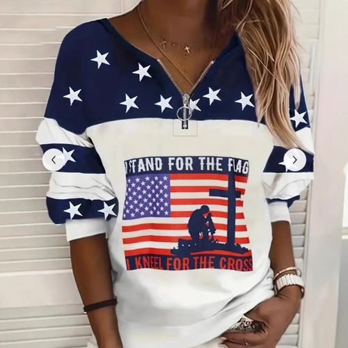 Independent Station European and American women's clothing spring and autumn trend casual national flag sweatshirt half zipper sweaters wholesale