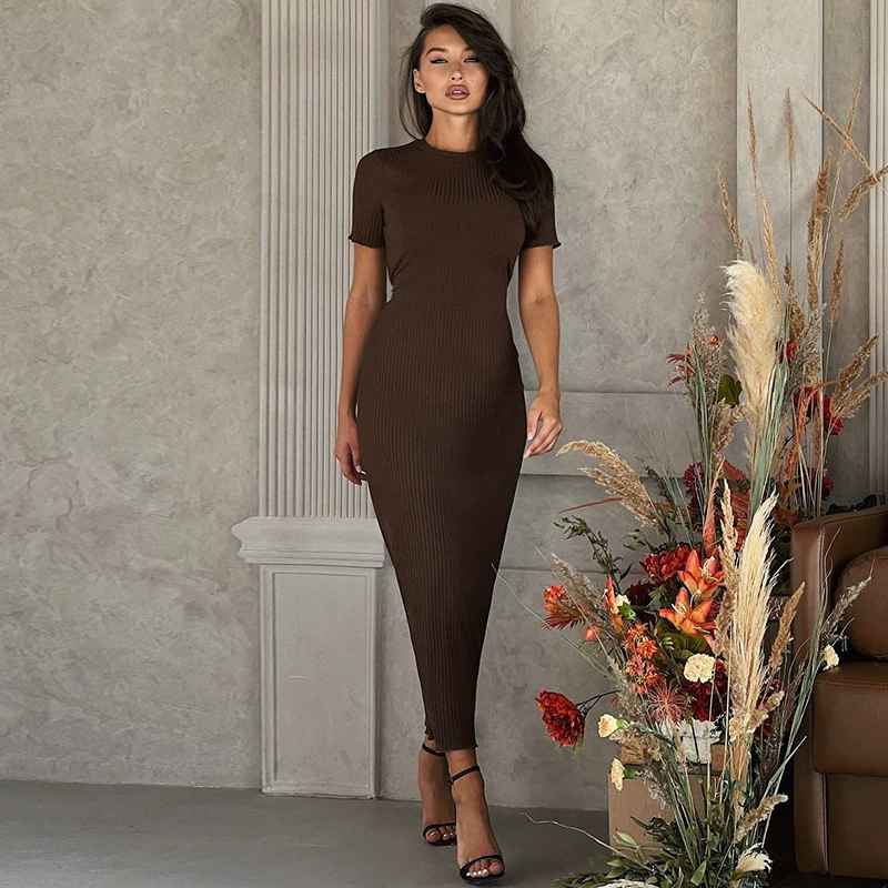 Оптовая продажа женских платьев Amazon: Новинка осени 2025 – модное приталенное платье с круглым вырезом, завязками сзади и длинными рукавами для внешней торговли