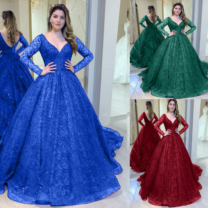Blue Wedding Dress Autumn and Winter New Long-Sleeved Sequined Large Hem Dress Sexy V Neck Banquet Dress New Style Blue Wedding Dress Autumn and Winter New Long-Sleeved Sequined Large Hem Dress Sexy V Neck Banquet Dress New Style
