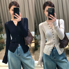 韩系设计感排长袖针织衫女5秋季新镂空修身显瘦打底衣
