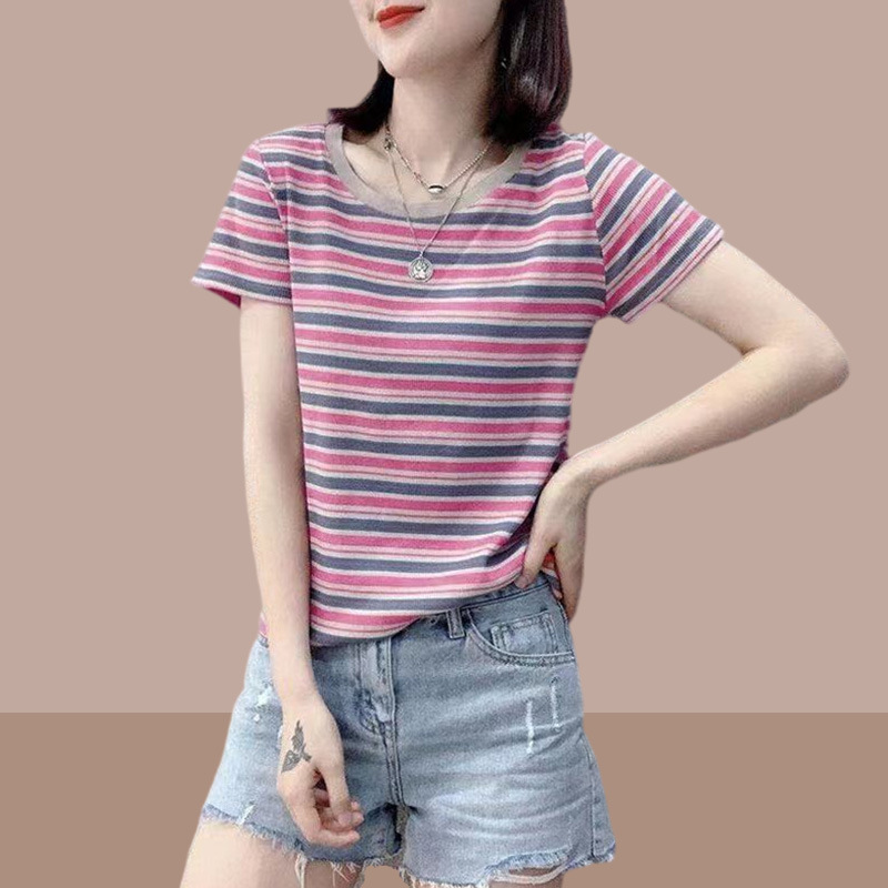 2025 新しい夏の女性の純粋な綿半袖 tシャツストライプトップス人気の女性の tシャツスリムフィット小柄な人|undefined