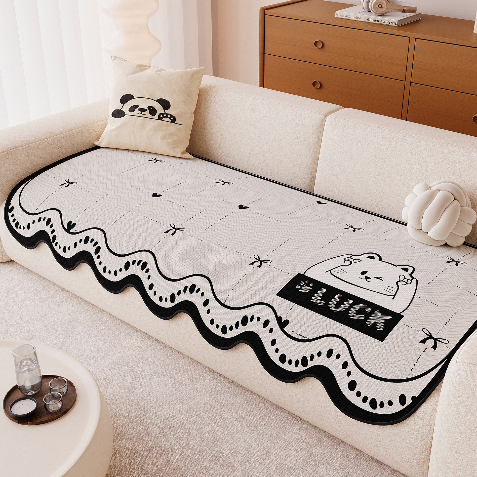 Cojín de sofá cuatro estaciones generales 2025 nuevo tipo fijo antideslizante arena de cuero lanzado cojín de tela cubierta sensación de dibujos animados de alto nivel