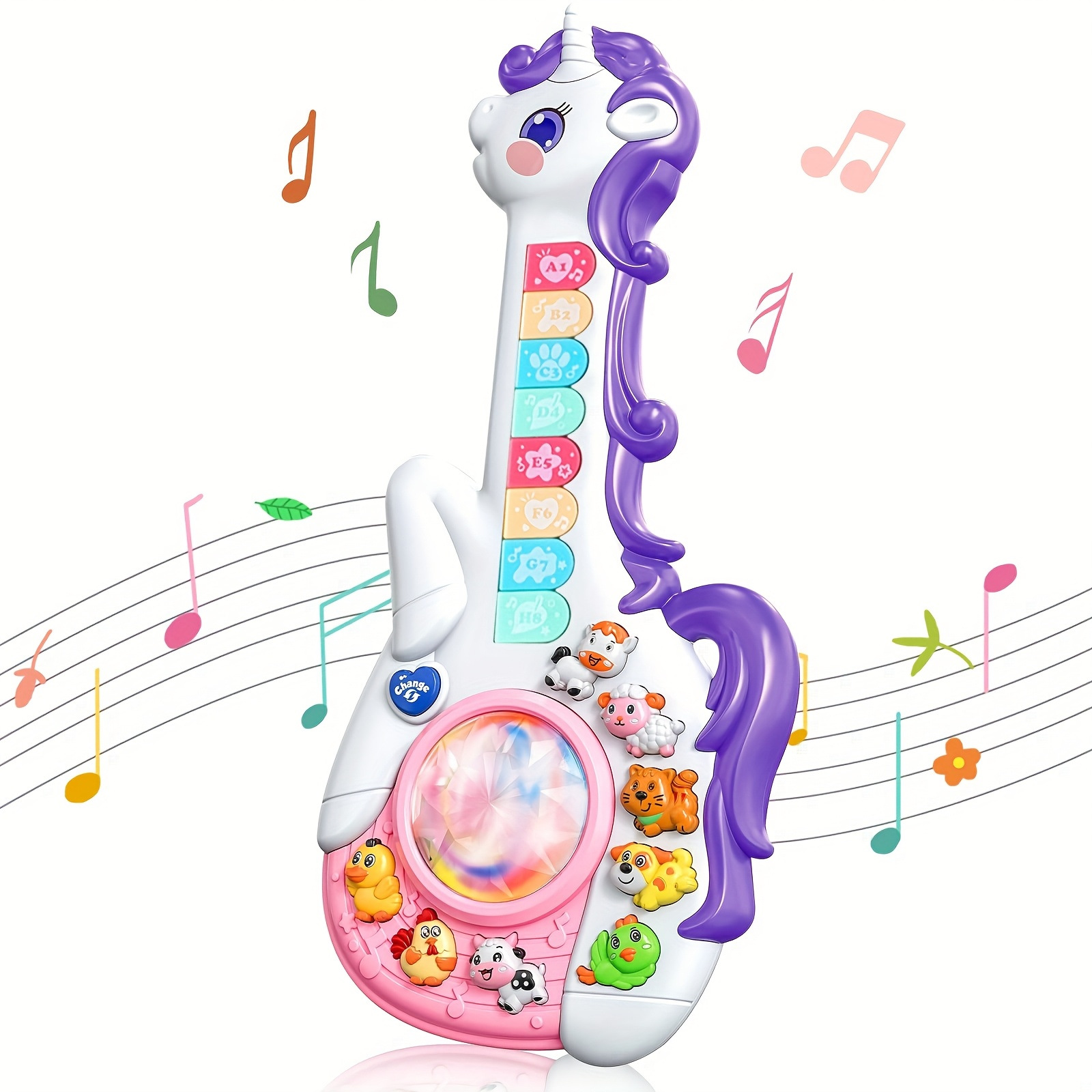 Unicornio de dibujos animados transfronterizos guitarra electrónica puzzle juguetes multifuncionales para la iluminación de la música sonora y óptica instrumentos musicales de educación temprana