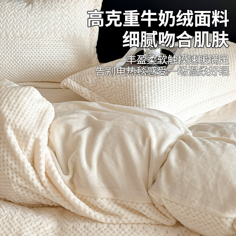 Cama de lujo ligera de invierno de cuatro piezas con colcha de coral tallado de brida de seda de leche gruesa red de doble cara más ropa de cama de lana