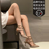 High-version rivet pointed toe high heels 2025 summer European and American sexy Liuding heel three-ring strap sandals for women