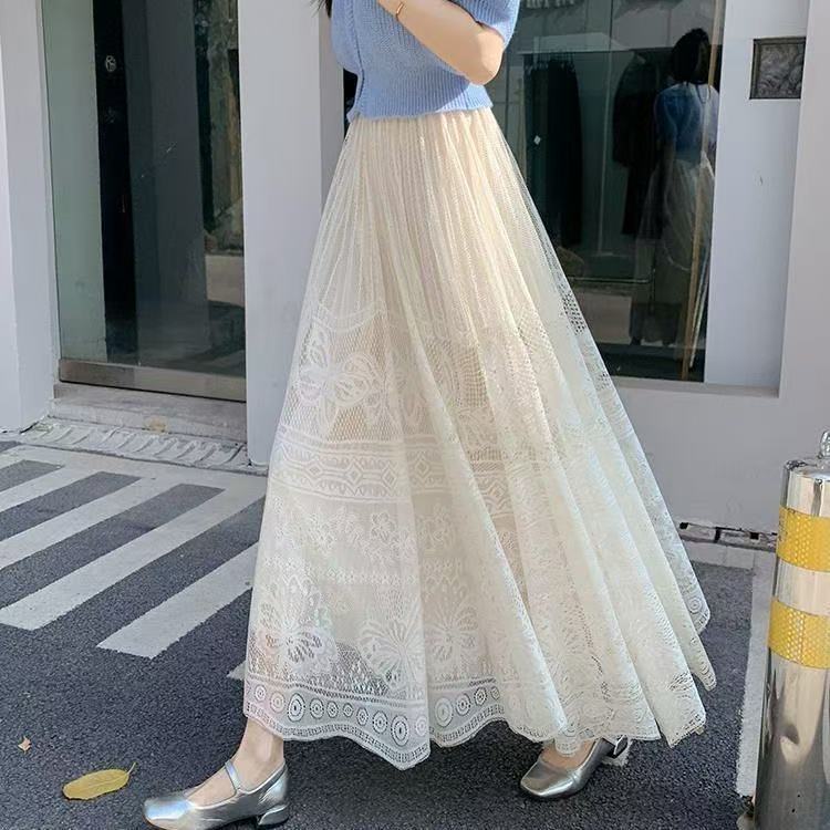 French Lace Skirt for Women in Spring and Summer, High-Waisted Mid-Length A-Line Skirt, Elegant Draped Pleated Skirt, Large Hem Cut Out Skirt
