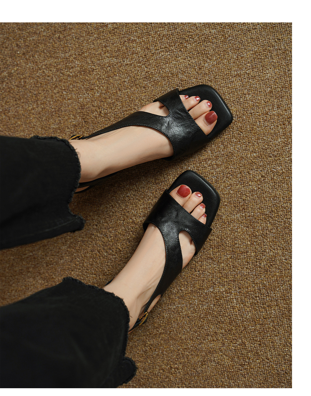 Sandal nữ hở mũi da dê gót thấp 4,5 cm phong cách Hàn Quốc khóa cài đơn giản — đen chi tiết 4