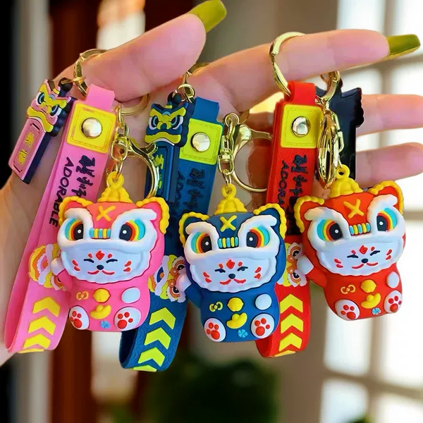 Chinese Style Lion Dance Lucky Cat Silicone Pvc Keychain Bag Pendant