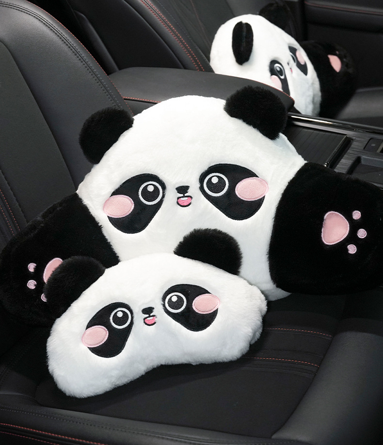 Panda car headrest imitation rabbit fur embroidered cartoon car comfortable neck pillow back cushion winter car waist cushion