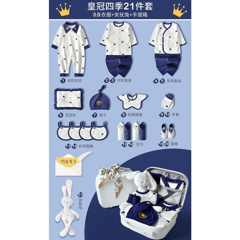 Crown All Seasons Collection [Blue 21-piece set + suitcase + comfort rabbit]