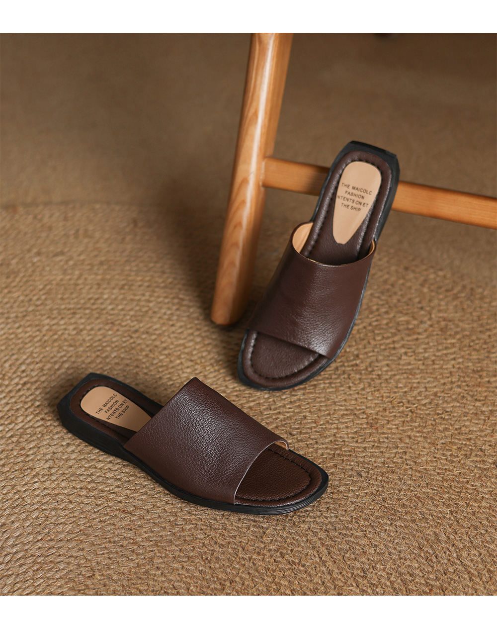 Sandal hở mũi nữ gót thấp da dê mũi vuông quai ngang — màu nâu chi tiết 19