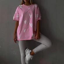 跨境外贸满身粉色爱心破洞短袖T恤女宽松中长款纯棉上衣打底衫潮