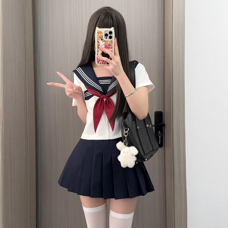 Japanese-Style Sailor Uniform Jk Uniform Skirt Set Modified White Three-Piece Basic Kansai-Style Academy Style Women's Navy Collar Japanese-Style Sailor Uniform Jk Uniform Skirt Set Modified White Three-Piece Basic Kansai-Style Academy Style Women's Navy Collar