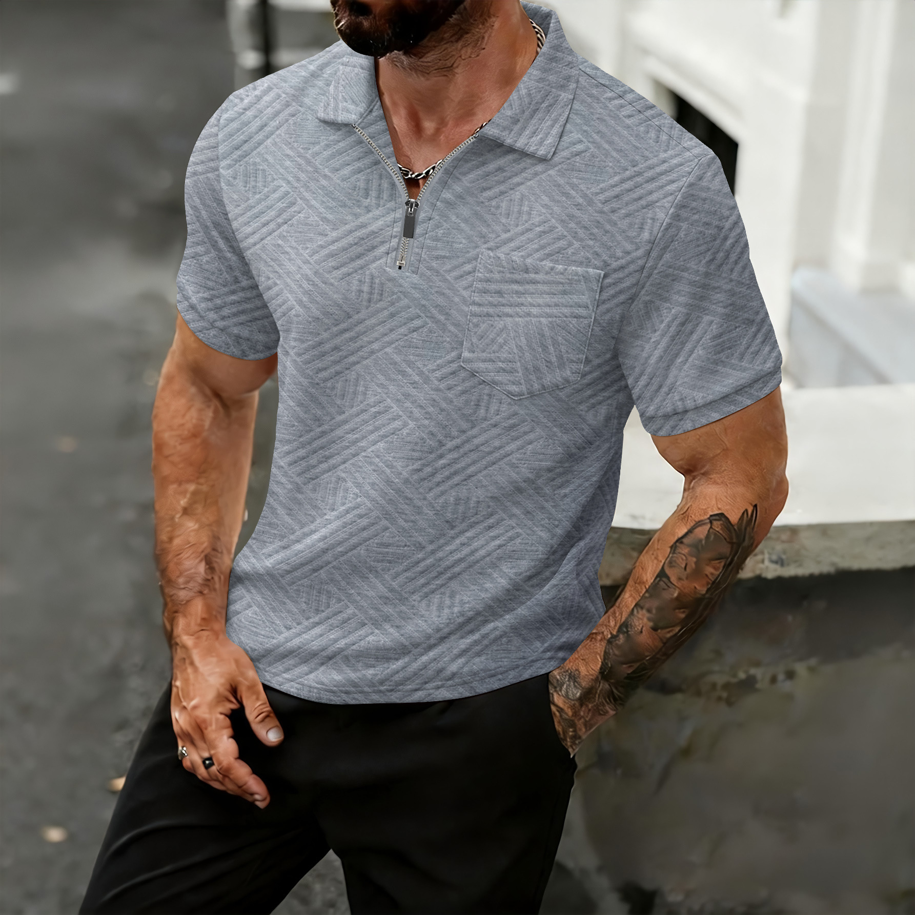 Polo uomo stile americano con tasche a zip e colletto classico_voghion.com