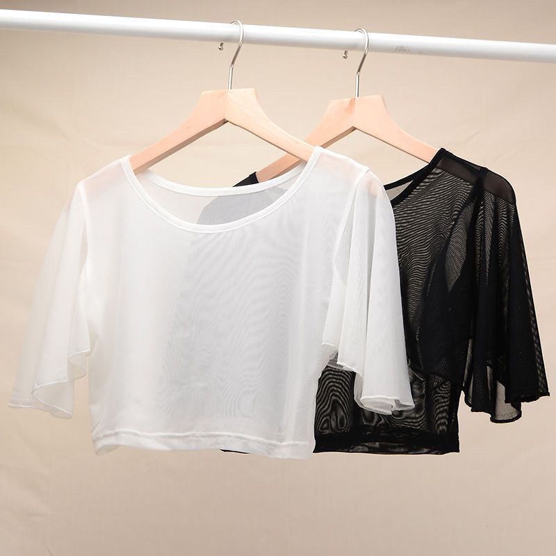 Plus Size Single-Layer Transparent Mesh Bottoming Shirt for Women, Navel-Baring T-Shirt for Women, Flying Sleeves, Short Suspender Skirt for Inner Wear Plus Size Single-Layer Transparent Mesh Bottoming Shirt for Women, Navel-Baring T-Shirt for Women, Flying Sleeves, Short Suspender Skirt for Inner Wear