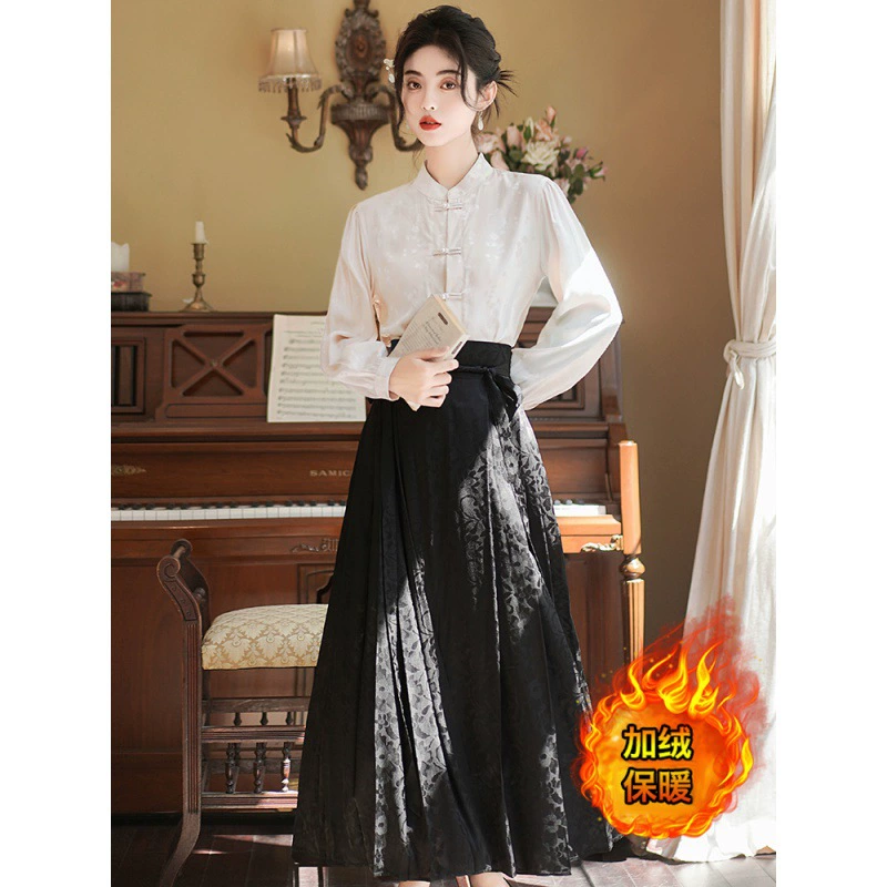 Оригинал в наличии Real shot Новый китайский стиль Флисовая Подкладка рубашка жилет юбка костюм