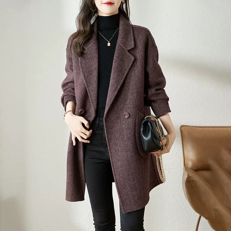 Zi Yilai Woolen Outwear Women's 2025 Winter New Korean Style Thickeneded Mid-Length Herringbone Woolen Outwear