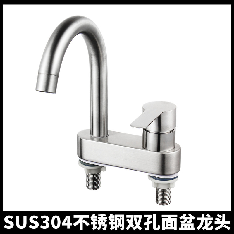 304 stainless steel double-hole hot and cold faucet bathroom washbasin bench universal rotating three-hole