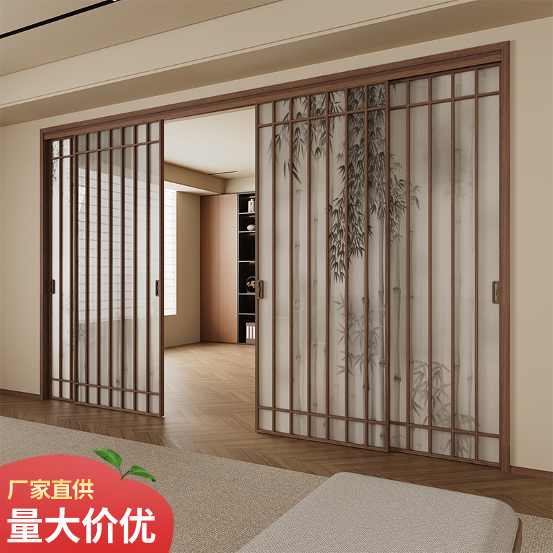 Retro Song-Style Aesthetic Sliding Door Kitchen Balcony Living Room Partition Grille Sliding Door New Chinese Style Bamboo Shadow Glass Door