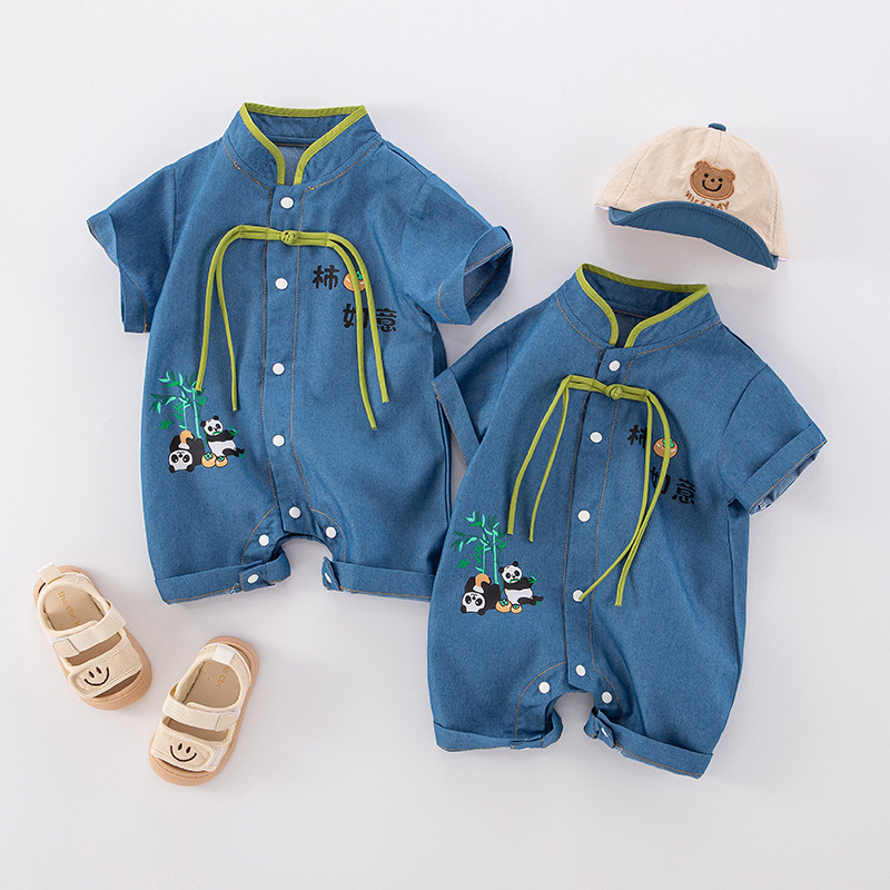 소년 소녀를위한  여름 새로운 부드러운 데님 세트 귀여운 인쇄 얇은 편안한 짧은 소매 등반 세트