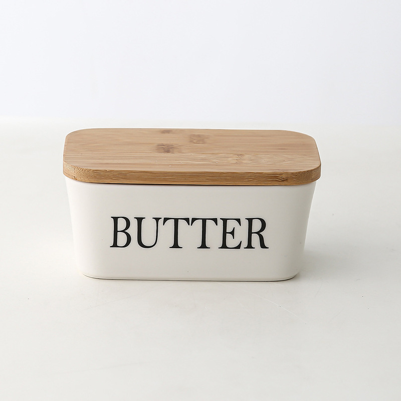 長方形の陶磁器のバターの箱の密封の缶の牛油の箱の竹の蓋はナイフの洋式の家庭用チーズの箱のクロスボーダーのアマゾンを持ちます。|undefined