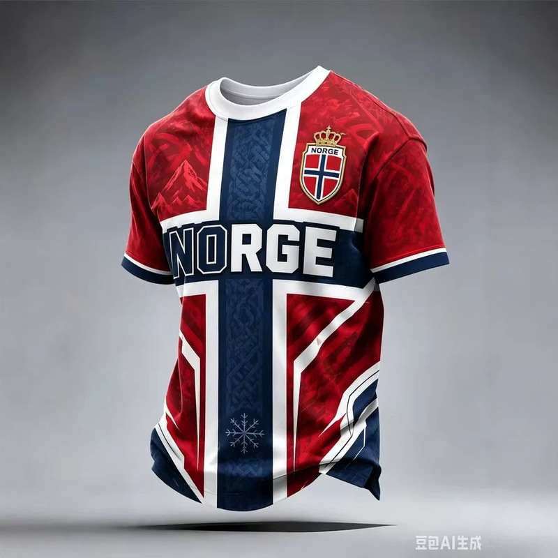 Men's Norway Football T-shirt with Norwegian Flag, Celtic Knot and Mountain Print, Short Sleeve, Casual Sports T-shirt for Football Fans
