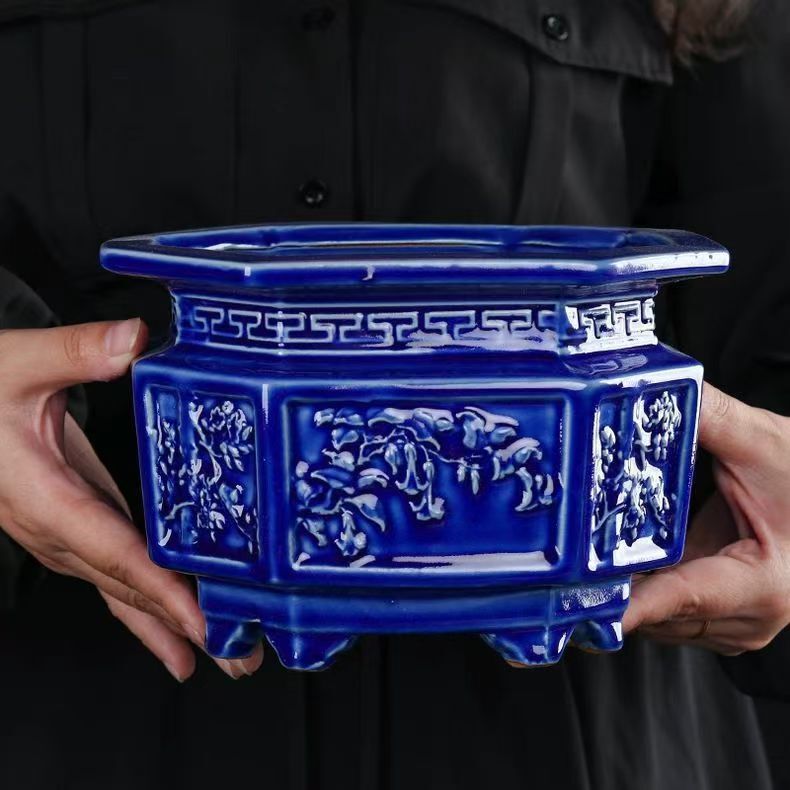 Retro Flower Pot Green Plant Orchid Large Diameter Flower Pot Stoneware Hexagonal Creative Phalaenopsis Special Ceramic Large Ceramic