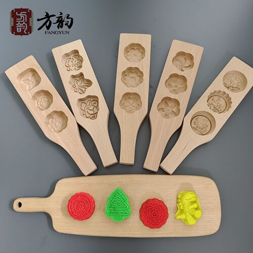 Three-hole mold wooden mooncake mold mung bean cake pumpkin cake bread mold cartoon steamed bun craft mold