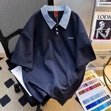 学院风格纹POLO衫短袖男女夏季潮牌学院风翻领拼接情侣半袖上衣