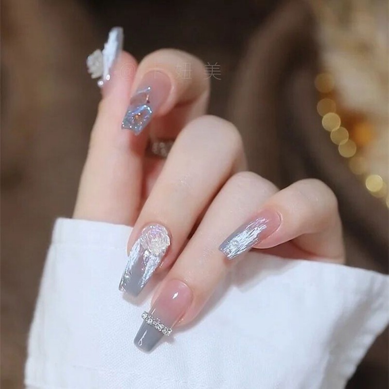 Purely Handmade Wearable Nails, Ice-transparent Blue Camellia Pure Desire Manicure, Aurora Diamond Student Bride Wedding Nails, Removable Purely Handmade Wearable Nails, Ice-transparent Blue Camellia Pure Desire Manicure, Aurora Diamond Student Bride Wedding Nails, Removable