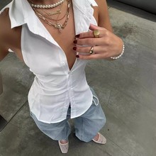 时尚欧美风衬衫收腰绑带挂脖Polo领排扣背心气质小众无袖露背上衣