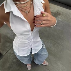 时尚欧美风衬衫收腰绑带挂脖Polo领排扣背心气质小众无袖露背上衣
