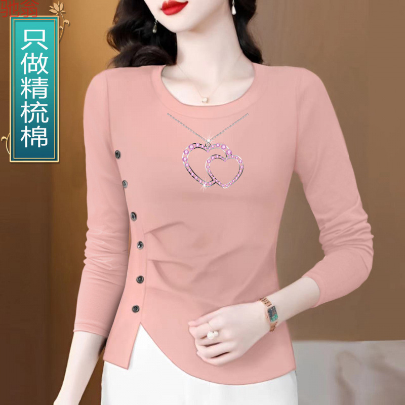 Y9Z Women's T-shirt Long-sleeved Autumn Cotton Asymmetric Shirt New Temperament Middle-aged Mother's Dress Slim-fit Slimming Top