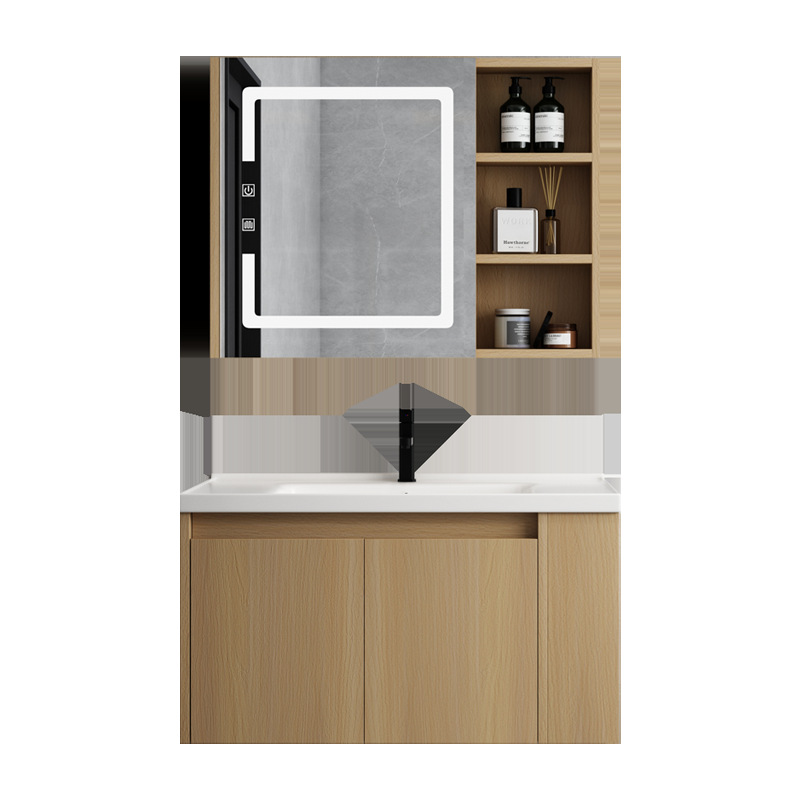 Mueble de baño de madera maciza lavabo de baño combinación de gabinete de cerámica cuenca integrada Lado de almacenamiento lavado cara inteligencia