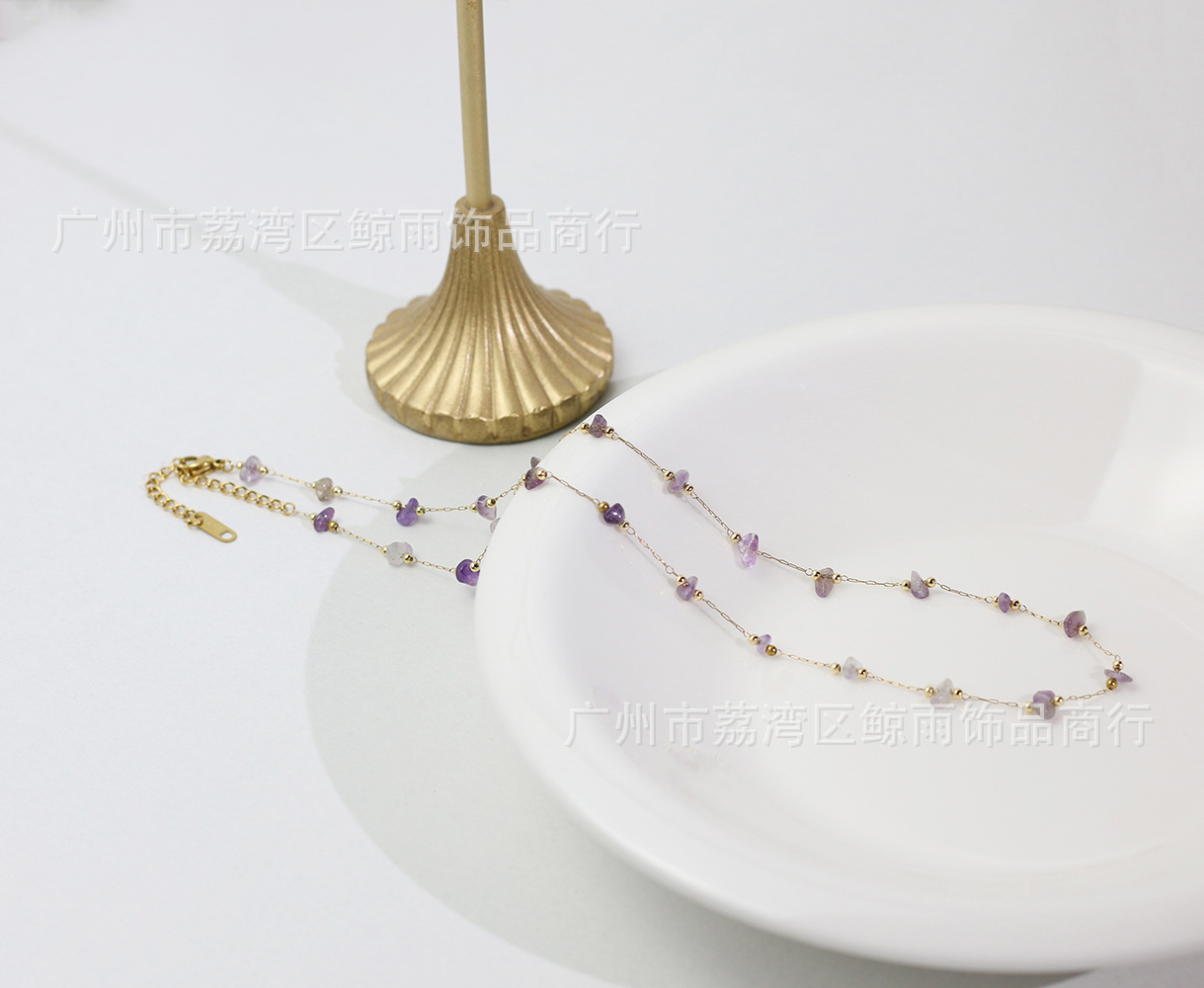 Xl092 Amethyst Irregular Golden Balls Gravel Crystal Necklace Short Chain Titanium Steel Plated 18k Gold Color Protection Live Broadcast display picture 3