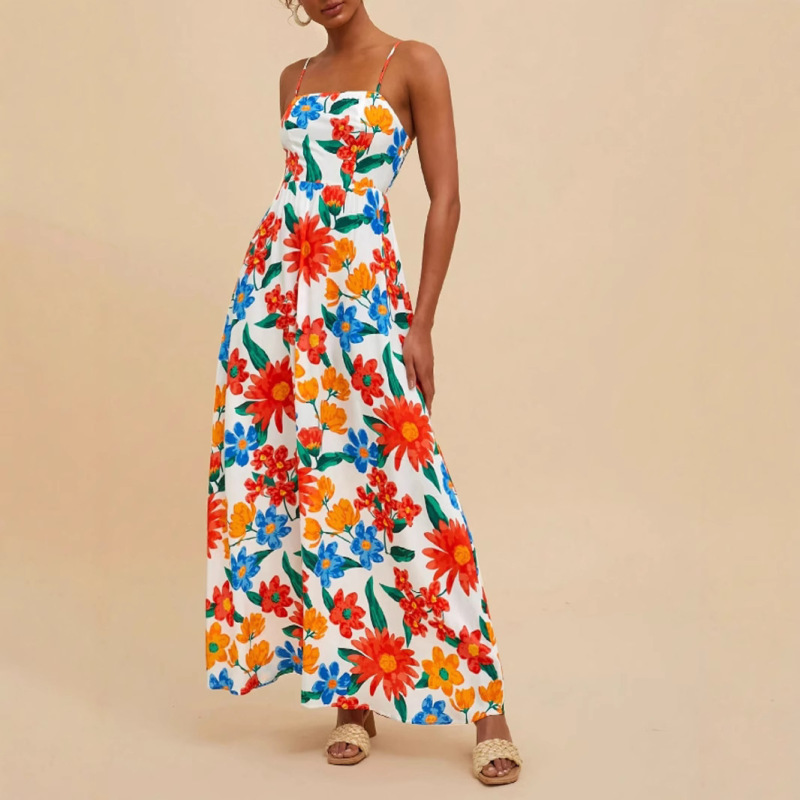 Cross-Border European and American Style Spaghetti Strap Dress, Ultra-Long Floral Dress, Spaghetti Strap Dress for Women, Summer Bohemian Long Dress, Vacation Style