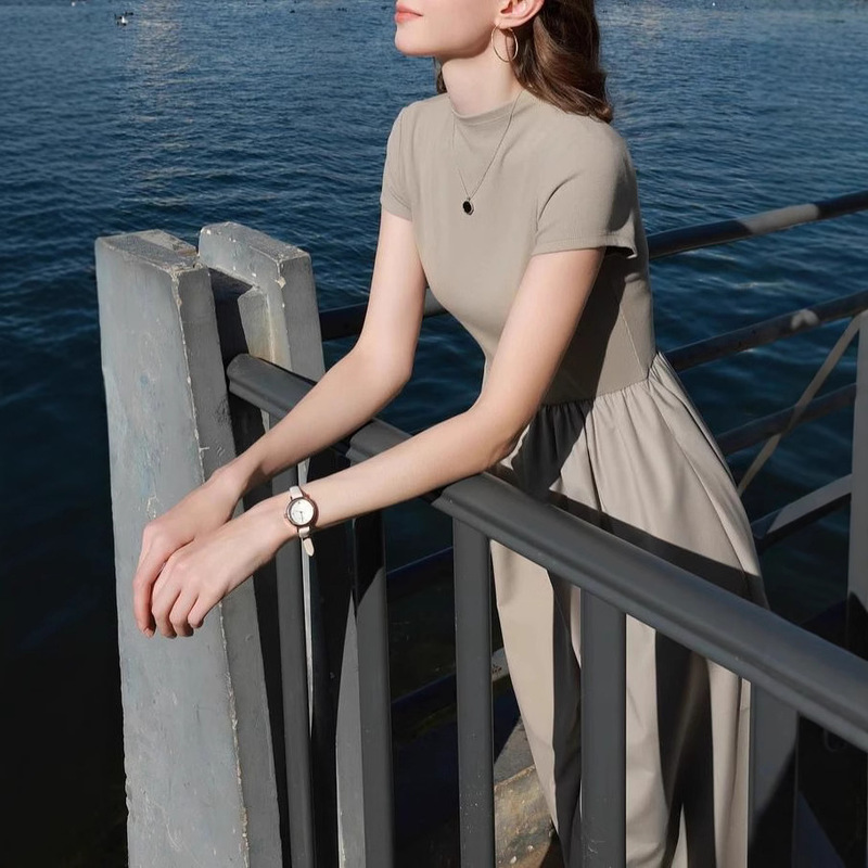 New Patchwork Short-Sleeved Dress Knitted Half Turtleneck Waist A-Line Skirt Right Shoulder Long Skirt for Women 2025 Summer