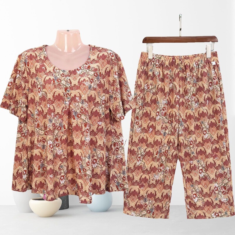 Summer Two-Piece Set for Middle-Aged and Elderly Women, Thin Short-Sleeved, Large Size, Loose Fit, Plus Size, Casual Outfit 100kg Summer Two-Piece Set for Middle-Aged and Elderly Women, Thin Short-Sleeved, Large Size, Loose Fit, Plus Size, Casual Outfit 100kg