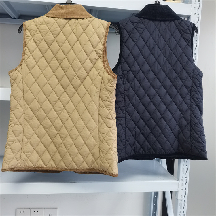 9660女士秋冬新品格子绗线简约小刺绣标灯芯绒翻领设计棉衣马甲|undefined