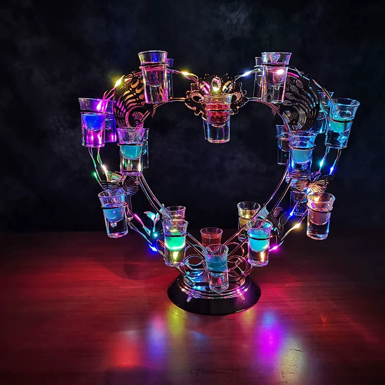 Glass holder, colorful glowing cocktail wineglass heart shaped, bullet, shot glass