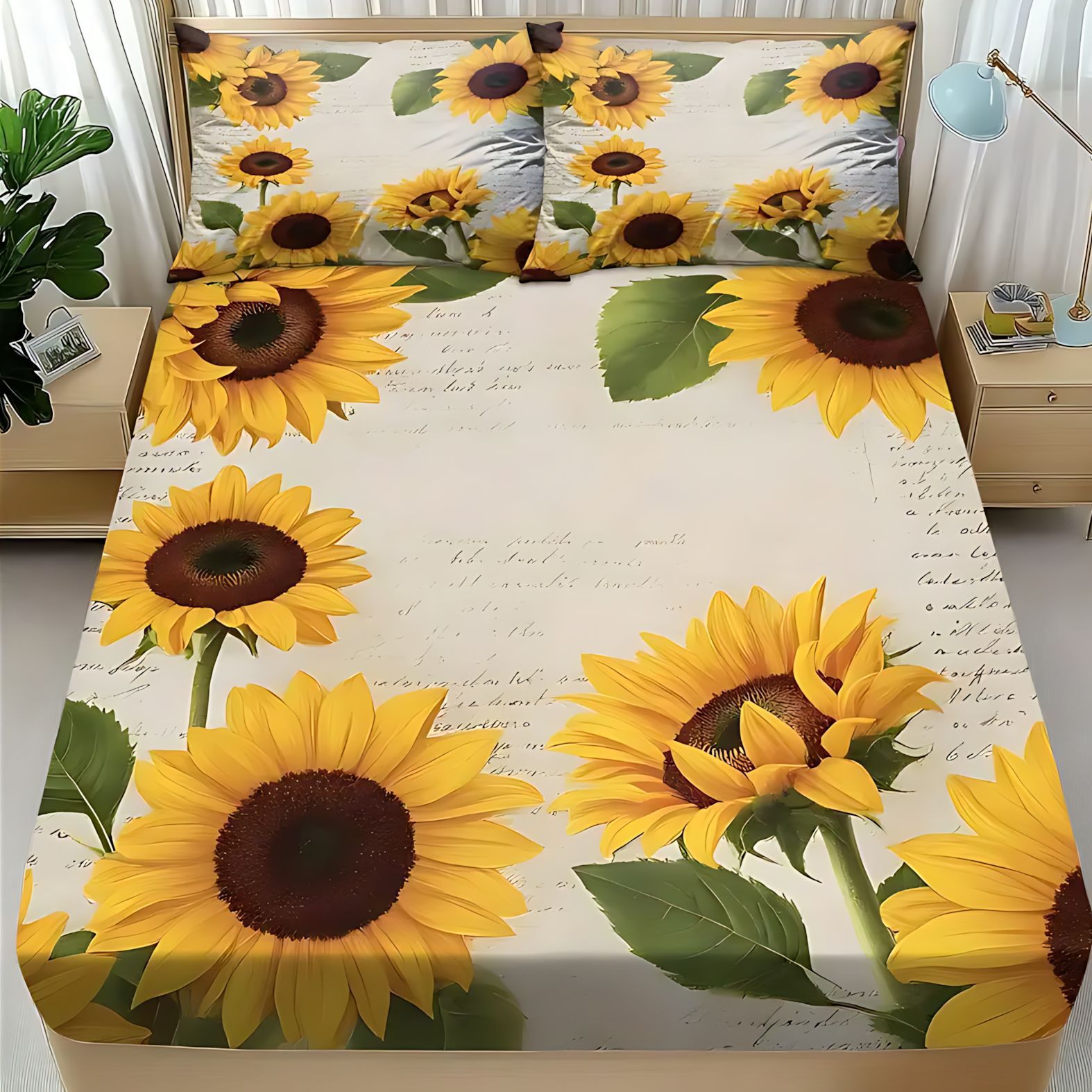 TEMU / JIT transfronterizo brillante girasol HD impresión digital cama suave gaza almohada conjunto de dibujo puede hacer