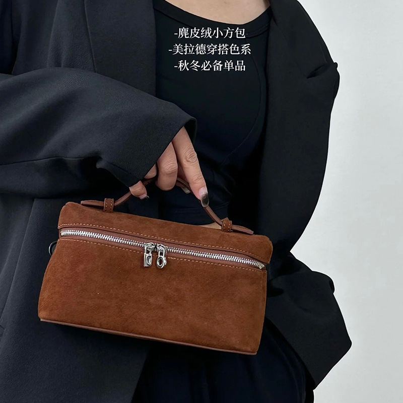 L19 Genuine Leather Handbag Matte Suede Lunch Bag Makeup Bag Shoulder Crossbody Bag Street Style - Thumbnail 3